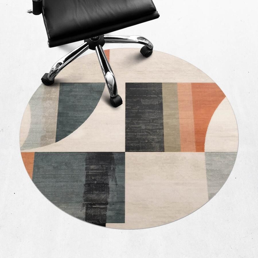 WALLFLUENT Vloerbeschermer Geometrische Retrovormen 100 cm Beige Bureaustoel Vloerbeschermer Rond Vloerbeschermer Groot-Stoel Mat-Werkplekdecoraties Boho-patroon