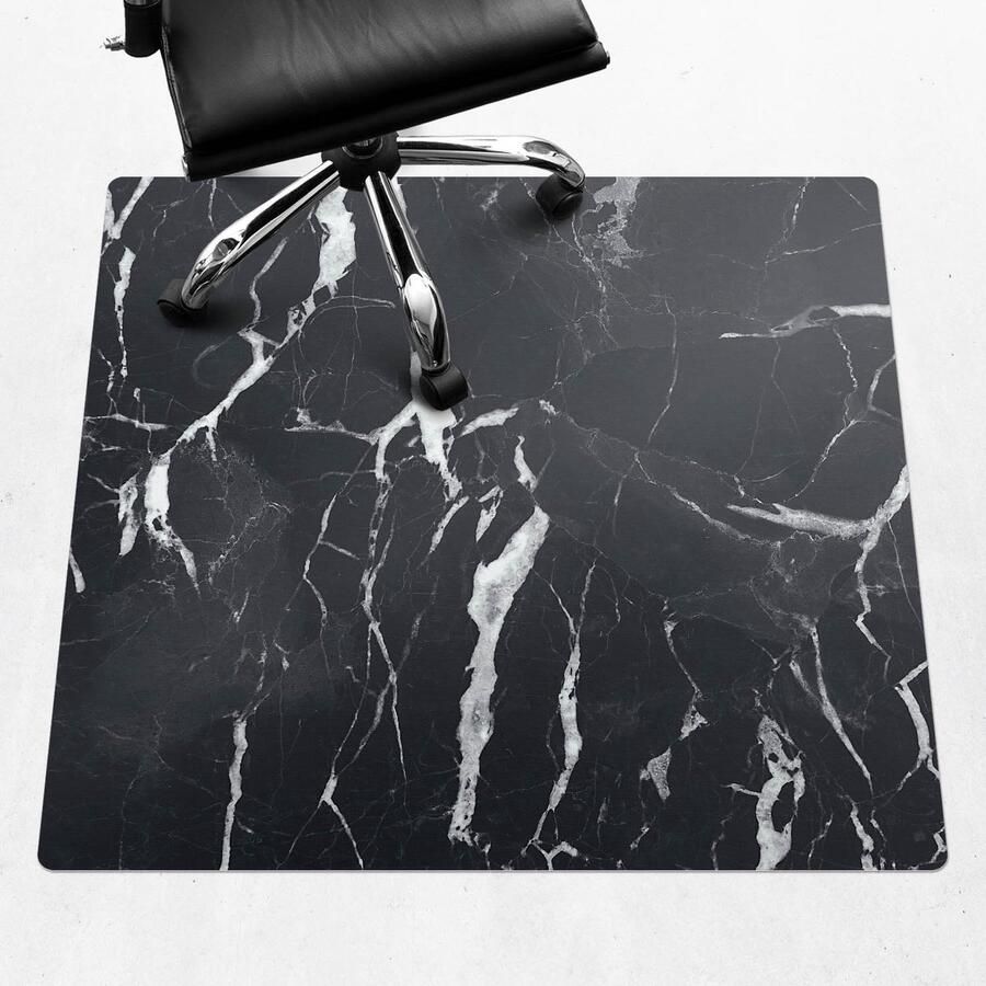 WALLFLUENT Vloerbeschermer Marmeren Aderen 100x100 cm Zwart En Wit Bureaustoel Vloerbeschermer Vierkant Vloerbeschermer Groot-Stoel Mat-Kantoordecoraties Organisch marmerpatroon