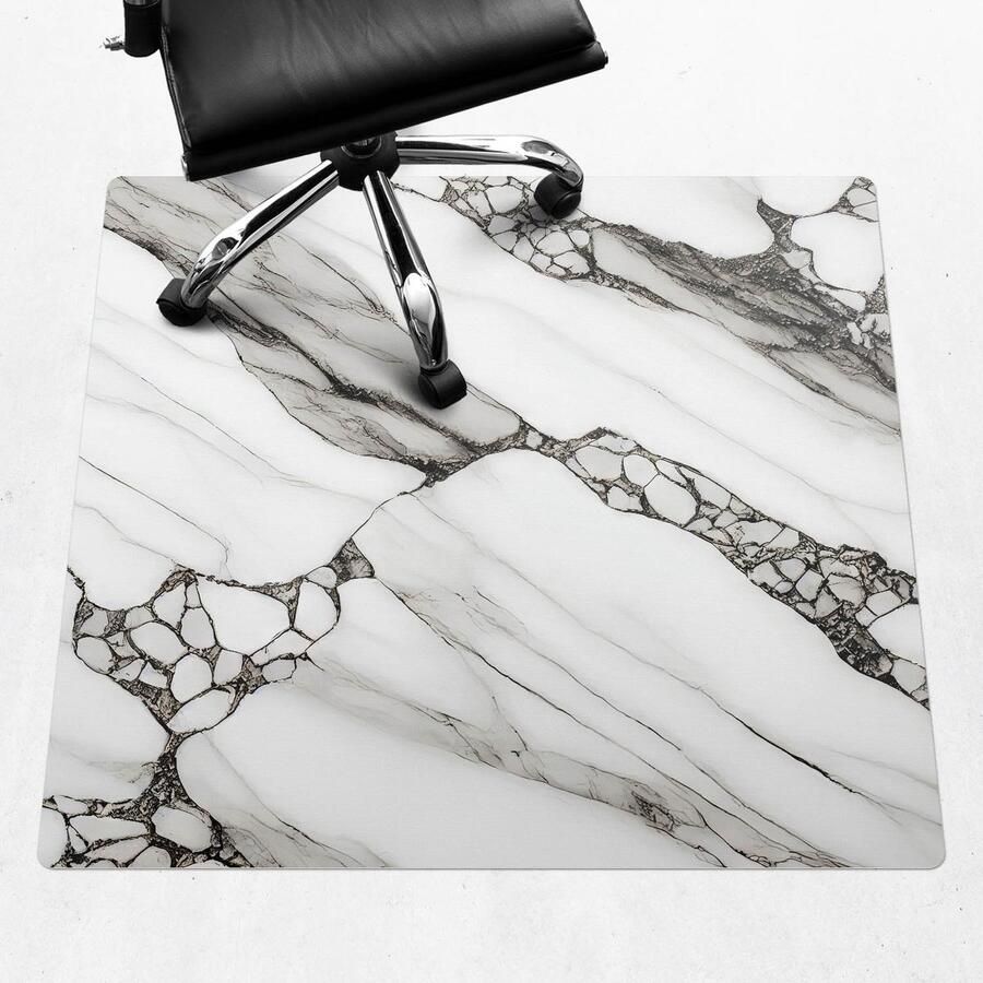 WALLFLUENT Vloerbeschermer Marmeren Aderen 100x100 cm Zwart En Wit Vloerbeschermer Bureaustoel Vierkant Vloerbeschermer Harde Vloer-Stoel Mat-Kantoordecoraties Organisch marmerpatroon