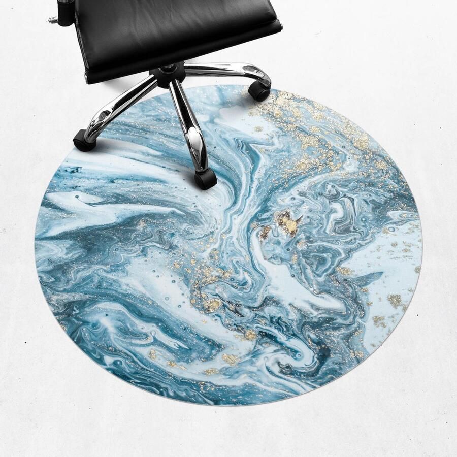 WALLFLUENT Vloerbeschermer Marmeren Golven 100 cm Blauw Vloerbeschermer Bureaustoel Rond Vloerbeschermer Tapijt-Stoel Mat-Kantoordecoraties Organisch marmerpatroon
