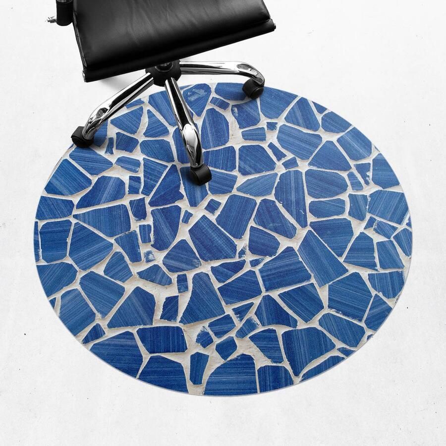 WALLFLUENT Vloerbeschermer Mozaïek Van Fragmenten 100 cm Blauw Vloerbeschermer Bureaustoel Tapijt Rond Vloerbeschermer Vinyl-Computer Stoel Mat-Kantoordecoraties Organisch marmerpatroon