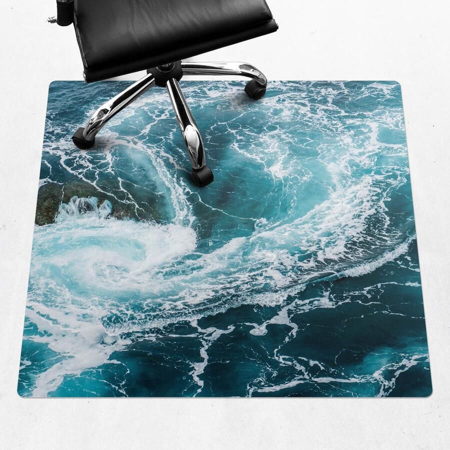 WALLFLUENT Vloerbeschermer Oceaanwerveling 100x100 cm Blauw Vloerbeschermer Bureaustoel Tapijt Vierkant Vloerbeschermer Tapijt-Stoel Mat-Werkplekdecoraties Boho-patroon