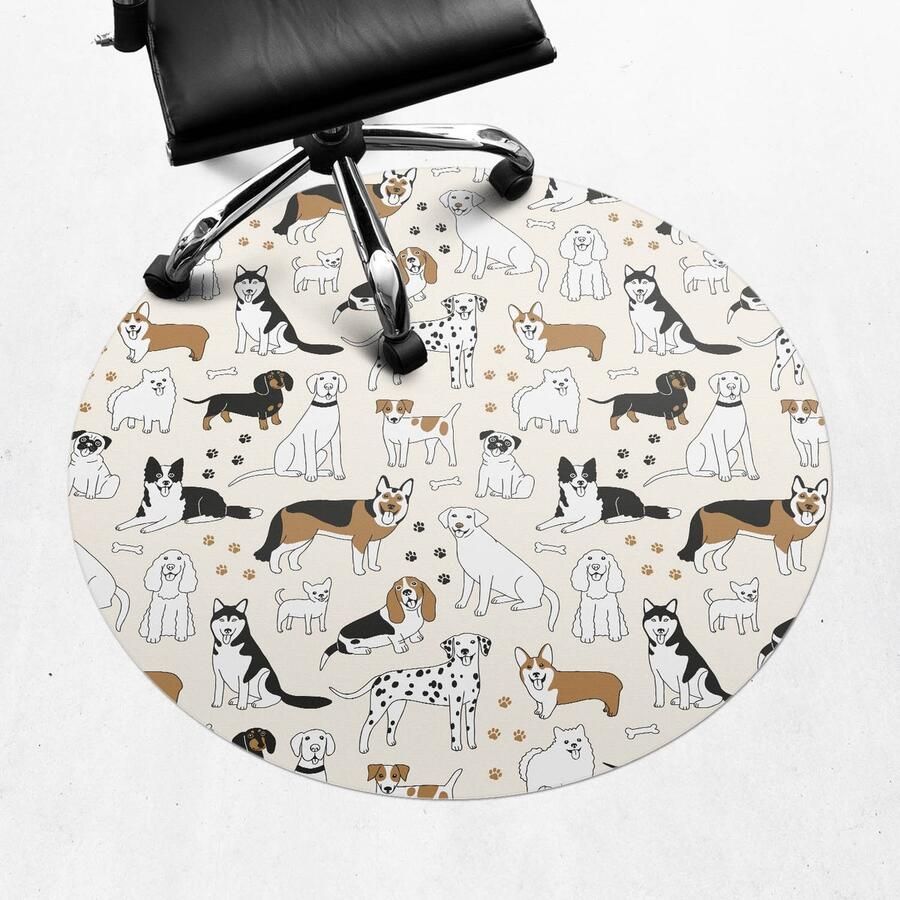 WALLFLUENT Vloerbeschermer Patroon Met Honden 100 cm Beige Bureau Stoel Mat Rond Vloerbeschermer Groot-Stoel Mat-Kantoordecoraties Boho-patroon