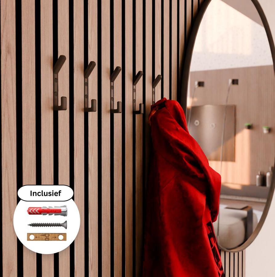 WallTune ™ Dubbele Design Ophanghaak voor Akoestische Panelen – Inc. Zwarte Schroef Plug & Boormal Wandpaneel Kapstokhaak voor Lattenwanden van o.a. WoodUpp Gamma Karwei Praxis & Hornbach – Past bij 1 5 cm Ruimte tussen Latjes - Foto 2