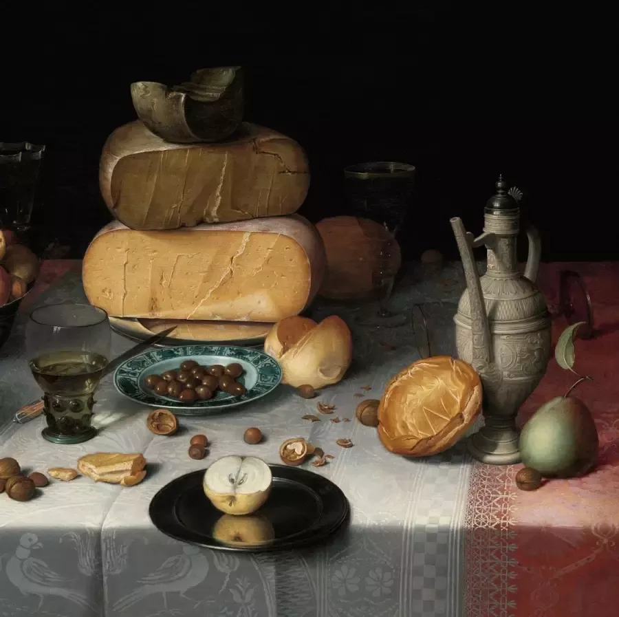 WANDKRAFT Schilderij stilleven met kazen Collectie dutch masters Dibond wit 118x70cm