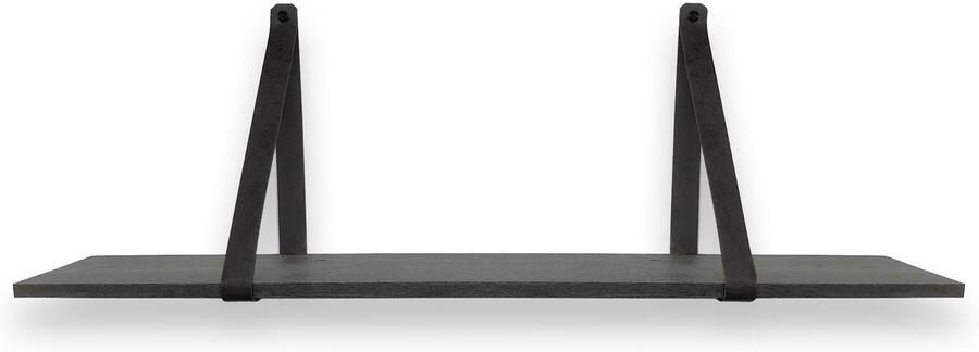 Wandplanken.nl Eiken Wandplank 80 x 20 cm – Zwart – Inclusief Zwarte Leren Riemen – Industriële Houten Plank – 18 mm Dikte