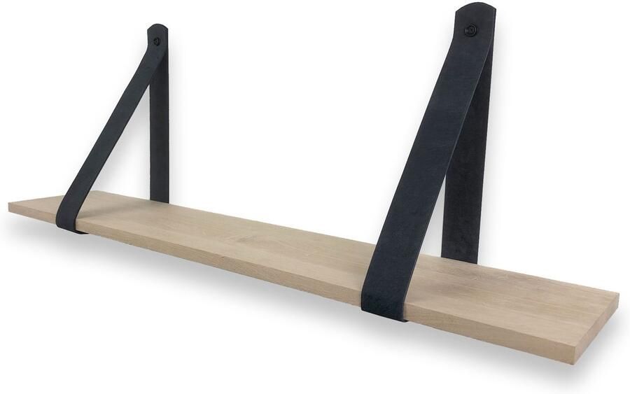 Tuinexpress.nl Eiken wandplank 18 mm recht 50 x 30 cm met leren riemen zwart Eikenhouten wandplank Eiken wandplank Leren plankdragers Fotoplank