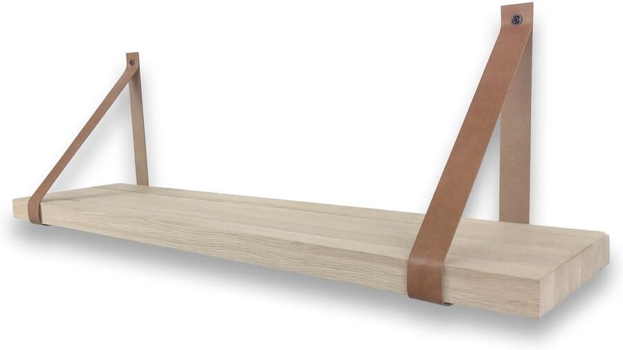 Wandplankwinkel.nl Eiken wandplank massief recht 60 x 25 cm met leren riemen bruin Eikenhouten wandplank Leren plankdragers Fotoplank