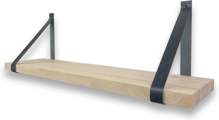 Wandplankwinkel.nl Eiken wandplank massief recht 100 x 25 cm met leren riemen zwart Eikenhouten wandplank Leren plankdragers Fotoplank