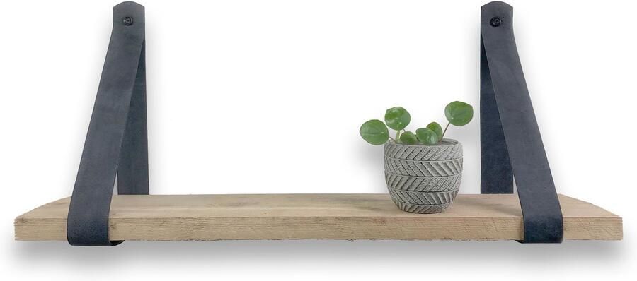Wandplankwinkel.nl Steigerhouten plank 75 x 20 cm met leren riemen zwart Wandplank industrieel Wandplank Leren plankdragers Fotoplank