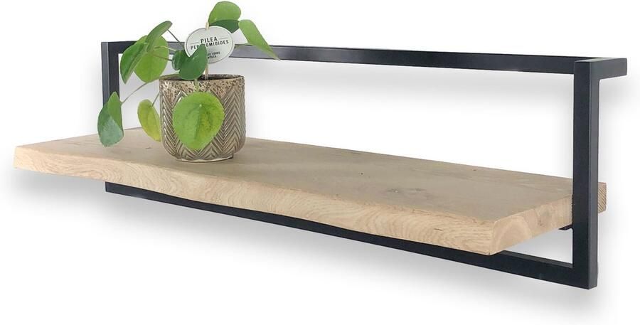 Wandplanken.nl Wandrek industrieel met boomstam plank 100 x 30 cm Metaal zwart Massief eiken hout Fotoplank- Wandplank zwevend Boomstam plank Muurplank zwevend