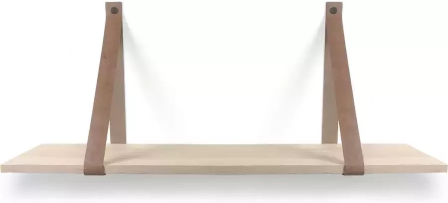 Wandplankwinkel.nl Eiken wandplank 18 mm recht 150 x 20 cm met leren riemen cognac Eikenhouten wandplank Eiken wandplank Leren plankdragers Fotoplank