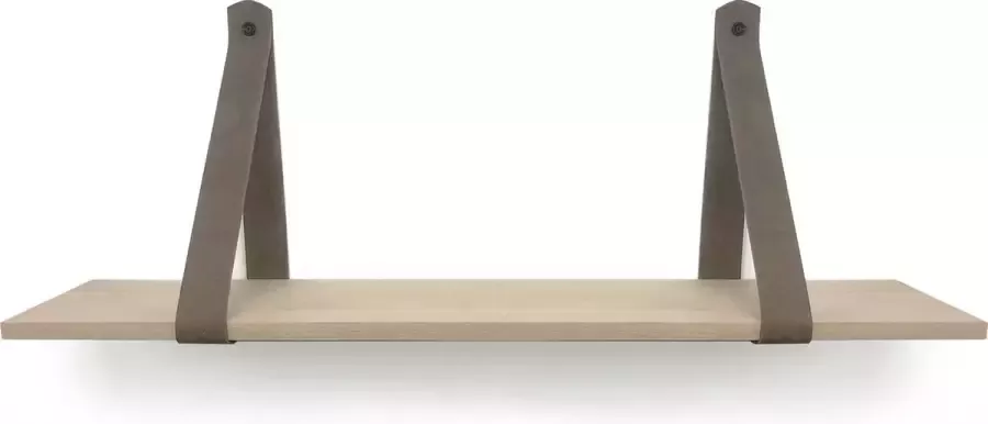 Wandplankwinkel.nl Eiken wandplank 18 mm recht 150 x 30 cm met leren riemen bruin Eikenhouten wandplank Eiken wandplank Leren plankdragers Fotoplank