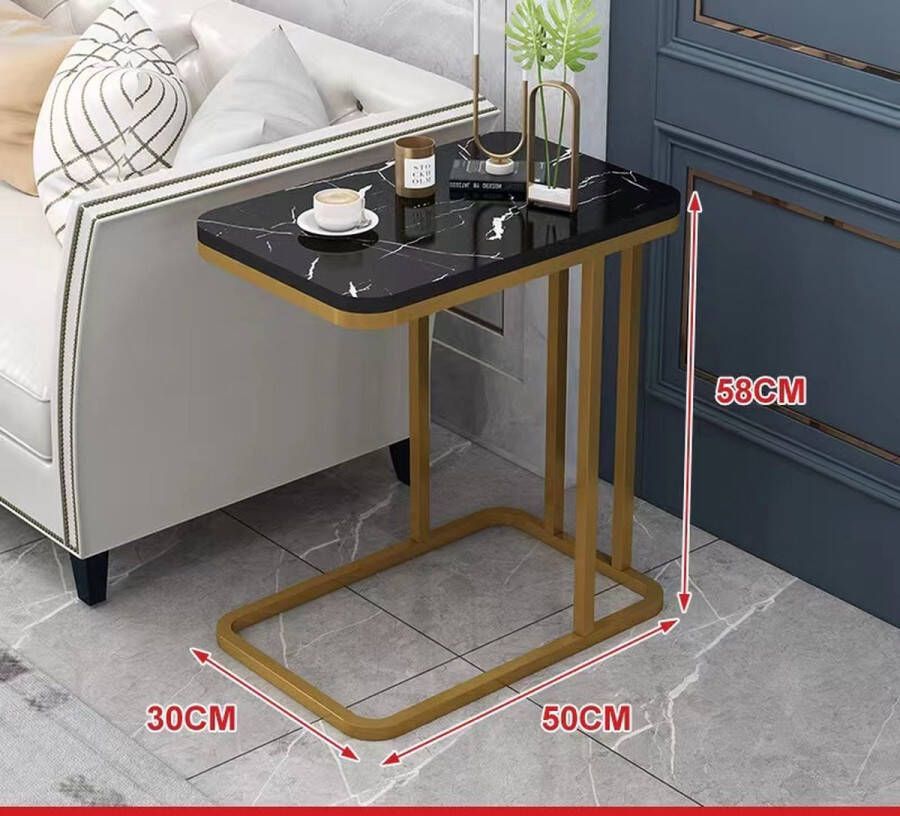 Wannahave Bijzettafel nachtkastje banktafel 30 x 50 x 60 cm salontafel eenvoudig te monteren stabiel met metalen frame industrieel ontwerp Dick hout Goud -Zwart Marmer