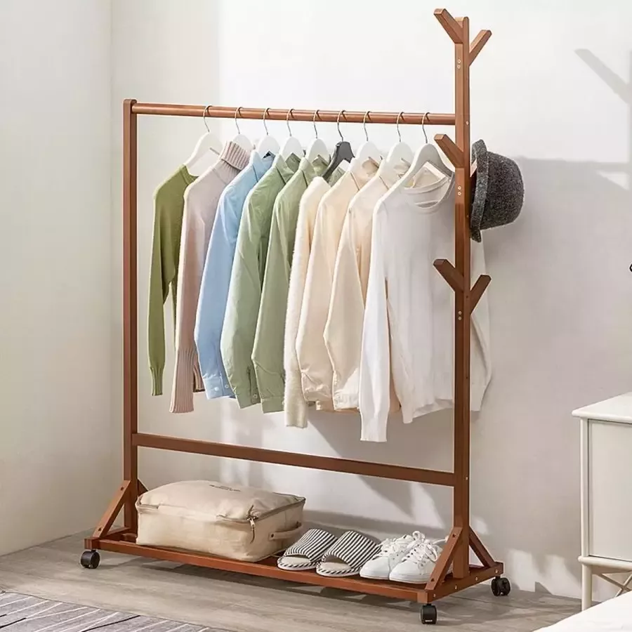 Wannahave I Bamboo Garderobe rek met wielen Kapstok staand Kapstokken Kapstok haak Bruin