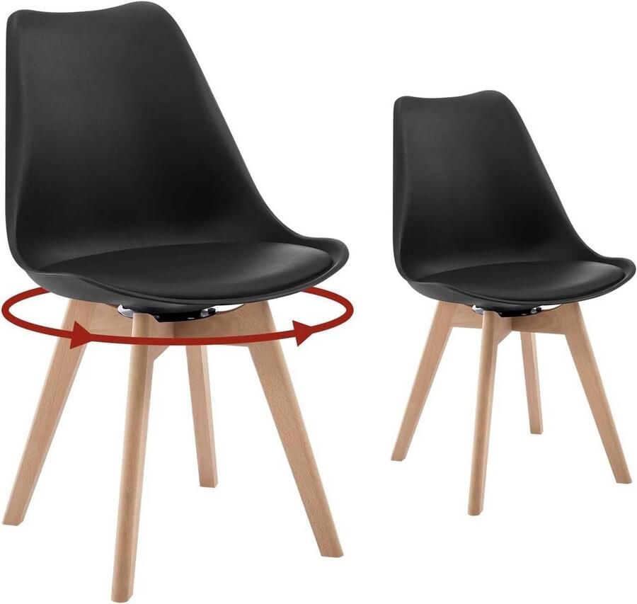 Warraich 2x Draaibare Design Eetkamerstoelen – Zwart Imitatieleer Modern Ontwerp met Massief Houten Onderstel