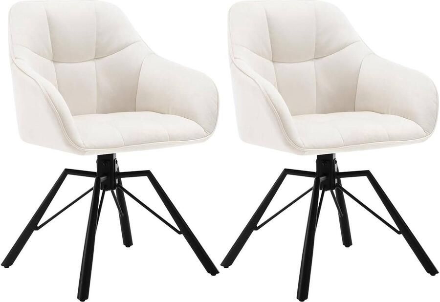 Warraich 2x Draaibare eetkamerstoelen – crème fluweel met armleuningen en rugleuning