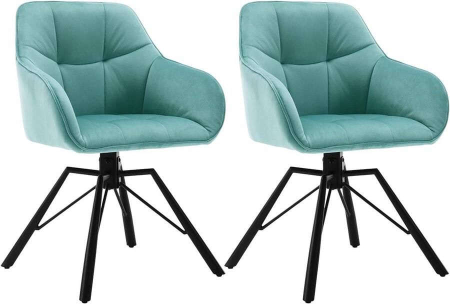 Warraich 2x Draaibare eetkamerstoelen – turquoise fluweel met armleuningen en rugleuning