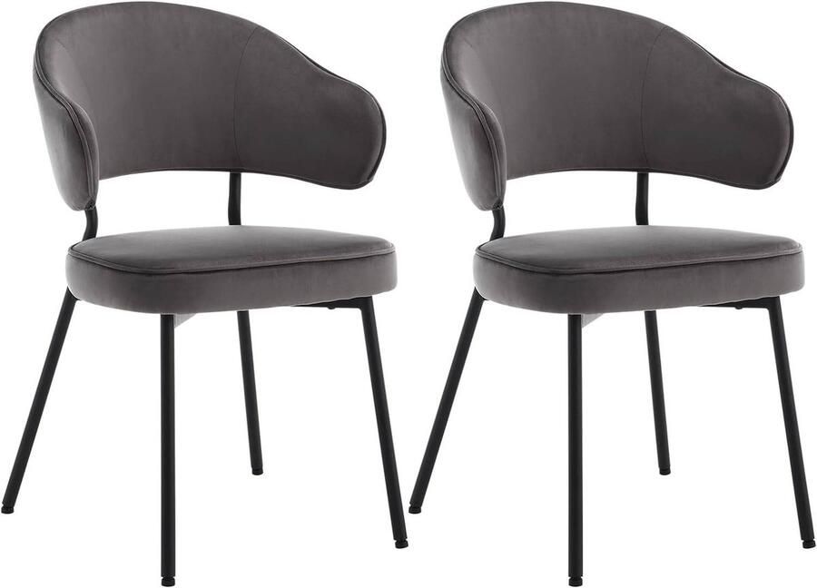 Warraich 2x Eetkamerstoel – gestoffeerd met rugleuning en armleuningen metalen poten fluweel donkergrijs