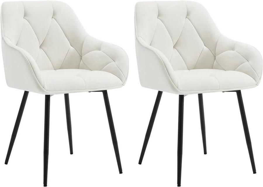 Warraich 2x Eetkamerstoel in crème fluweel – ergonomische armstoelen met metalen poten