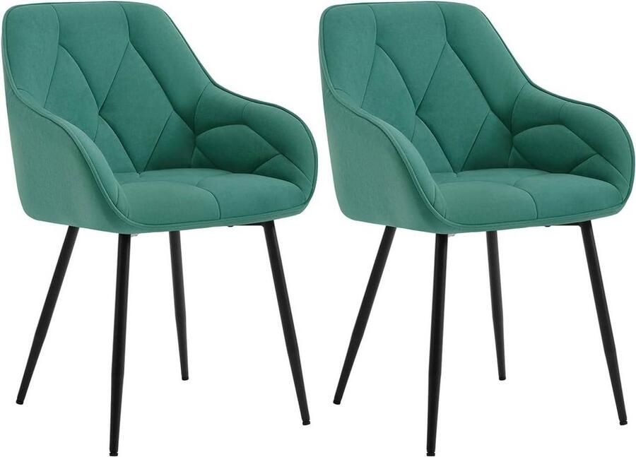 Warraich 2x Eetkamerstoel in turkoois fluweel – ergonomische armstoelen met metalen poten