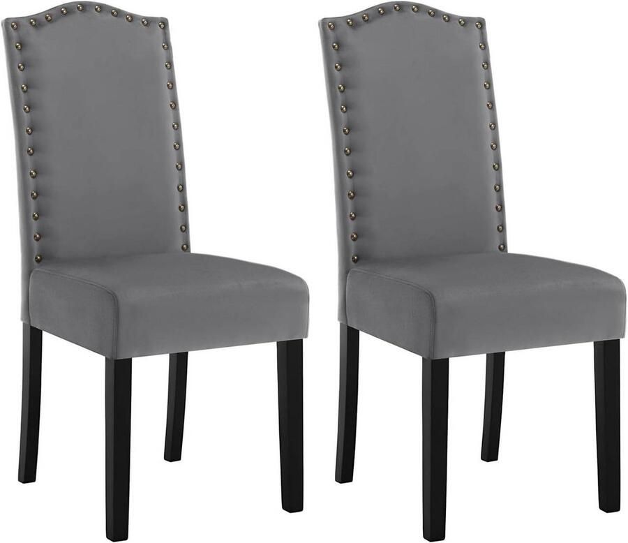 Warraich 2x Eetkamerstoel met hoge rugleuning – fluweel donkergrijs en massief houten poten