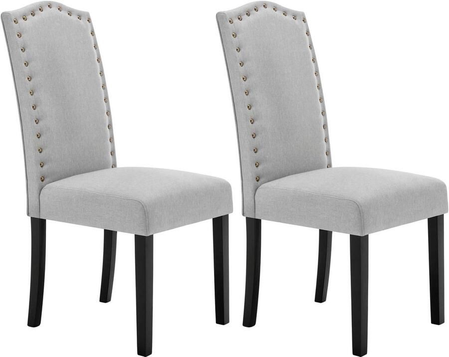 Warraich 2x Eetkamerstoel met hoge rugleuning – lichtgrijs linnen en massief houten poten