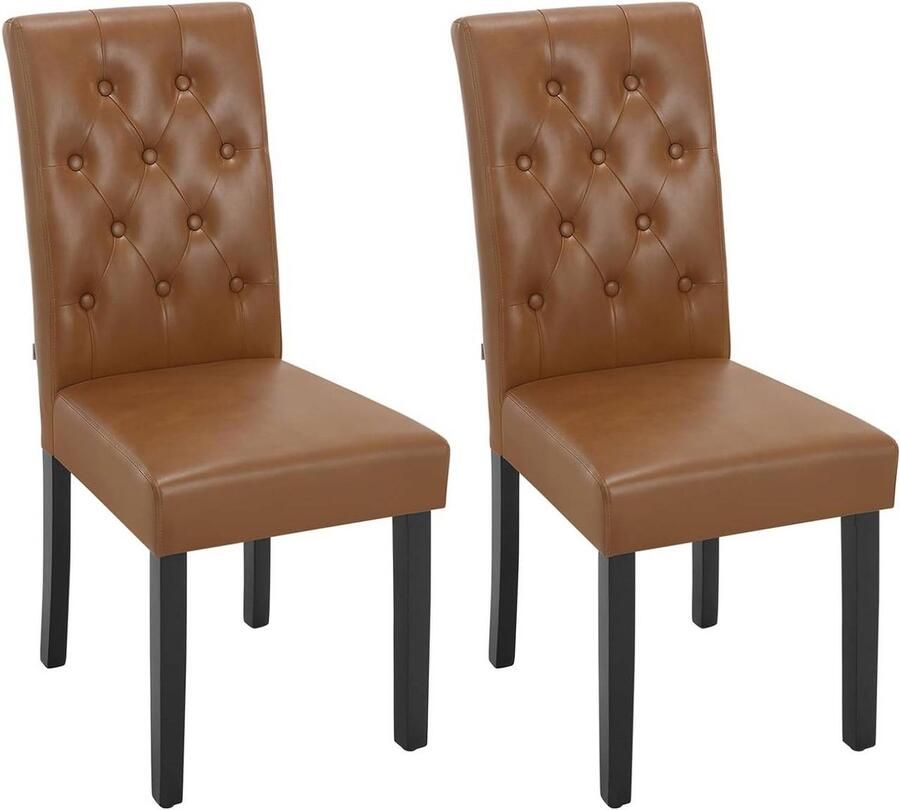 Warraich 2x Eetkamerstoelen – Bruin Kunstleer met Hoge Rugleuning en Elegante Houten Poten