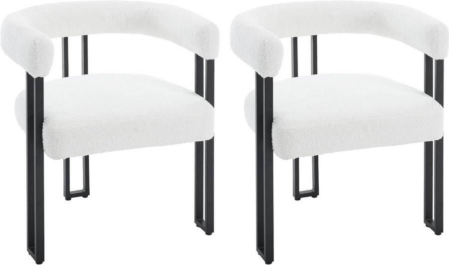 Warraich 2x Eetkamerstoelen met Armleuningen – Crème Wit Chenille Comfortabel en Modern Design