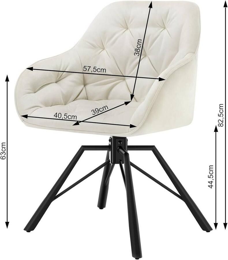 Warraich 2x Eetkamerstoelen met Armleuningen – Crèmekleurig Fluweel Draaibaar en Metalen Poten