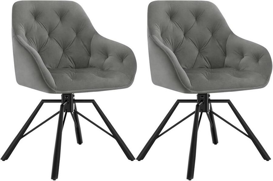 Warraich 2x Eetkamerstoelen met Armleuningen – Donkergrijs Fluweel Draaibaar en Metalen Poten