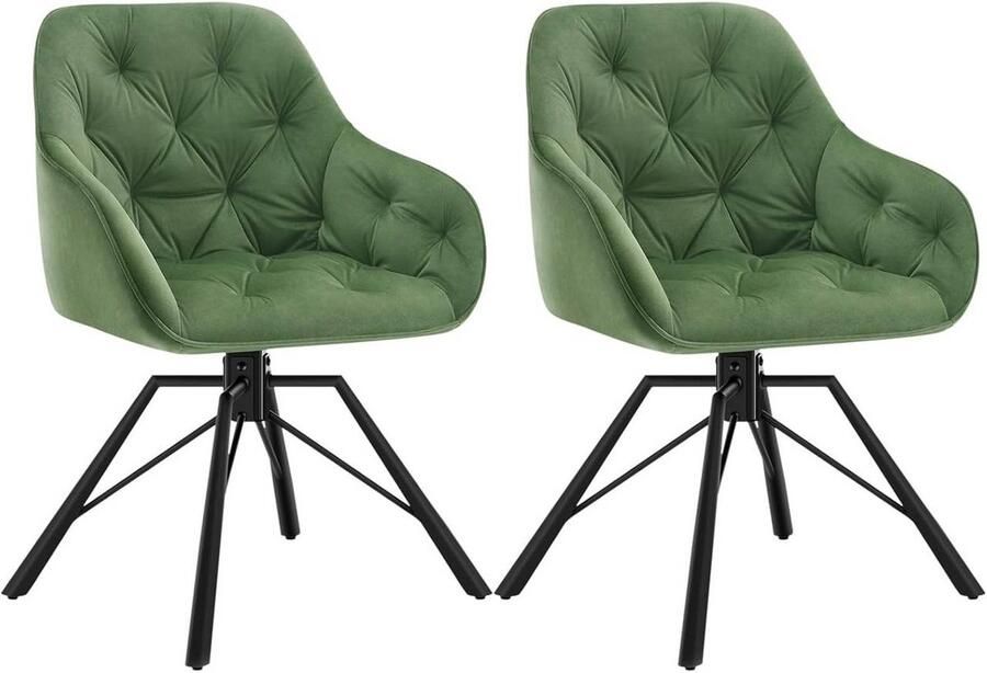 Warraich 2x Eetkamerstoelen met Armleuningen – Donkergroen Fluweel Draaibaar met Metalen Poten