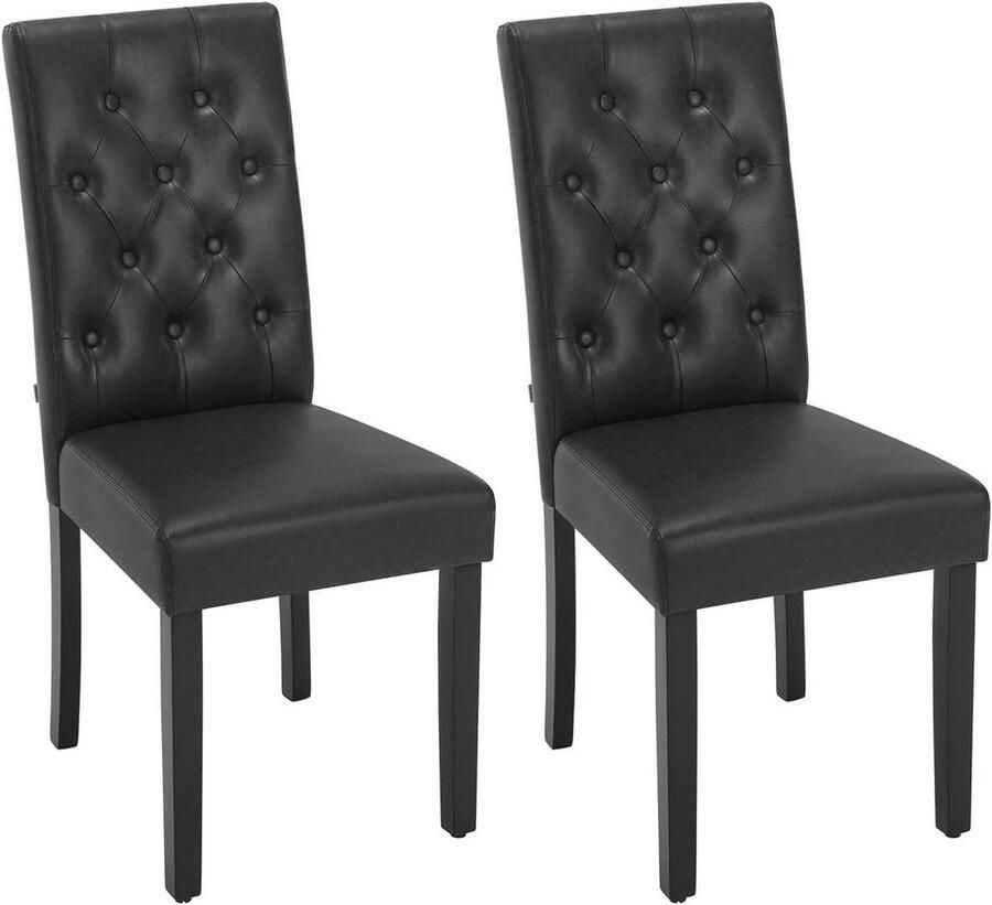 Warraich 2x Eetkamerstoelen – Zwarte Kunstleren Bekleding Hoge Rugleuning en Klassieke Houten Poten