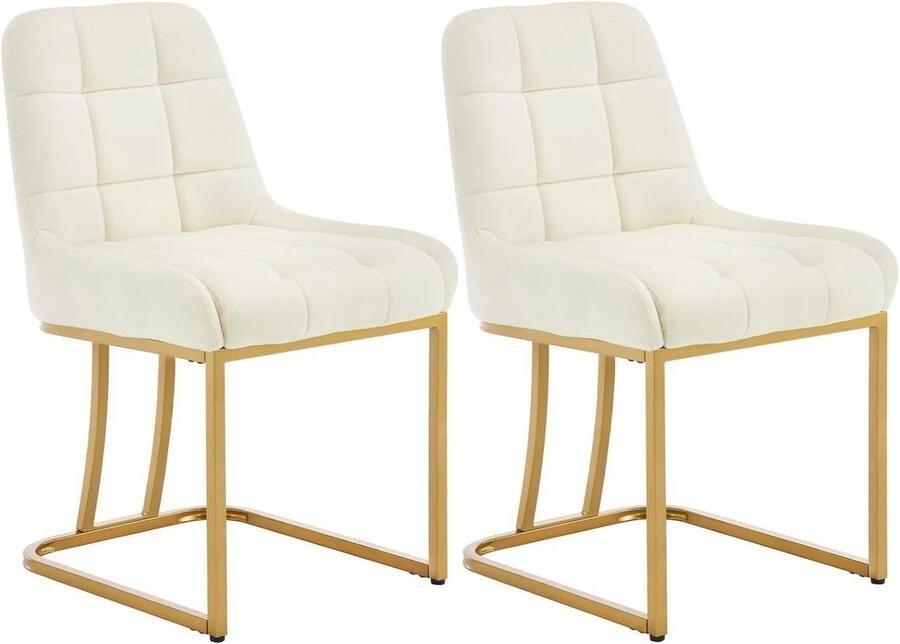 Warraich 2x Gestoffeerde Eetkamerstoelen – Beige Fluweel met Gebogen Metalen Frame