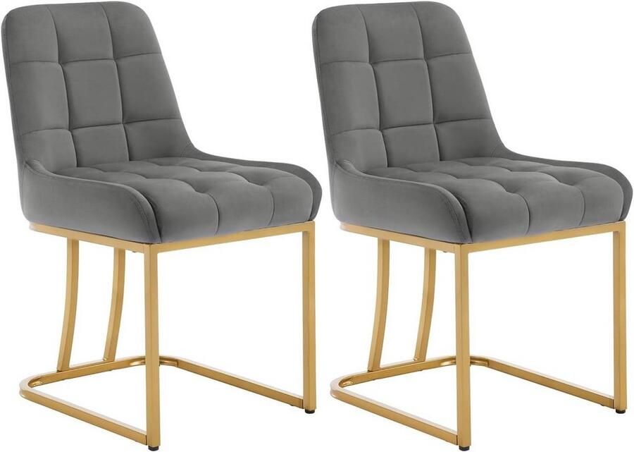 Warraich 2x Gestoffeerde Eetkamerstoelen – Donkergrijs Fluweel met Gebogen Metalen Frame