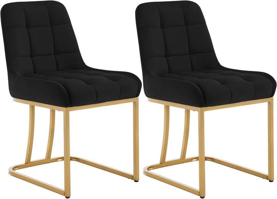 Warraich 2x Gestoffeerde Eetkamerstoelen – Zwart Fluweel met Elegant Gebogen Metalen Frame