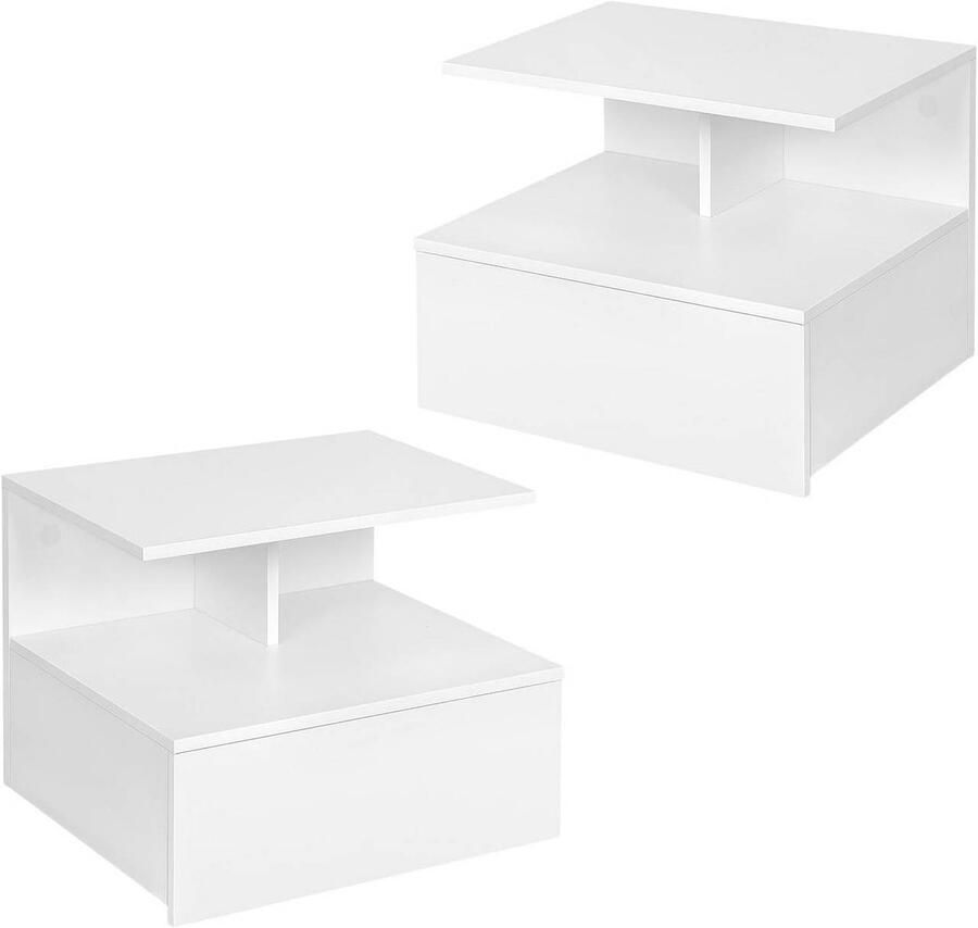 Warraich -2x hangend nachtkastje van hout met lade en open vak – wit