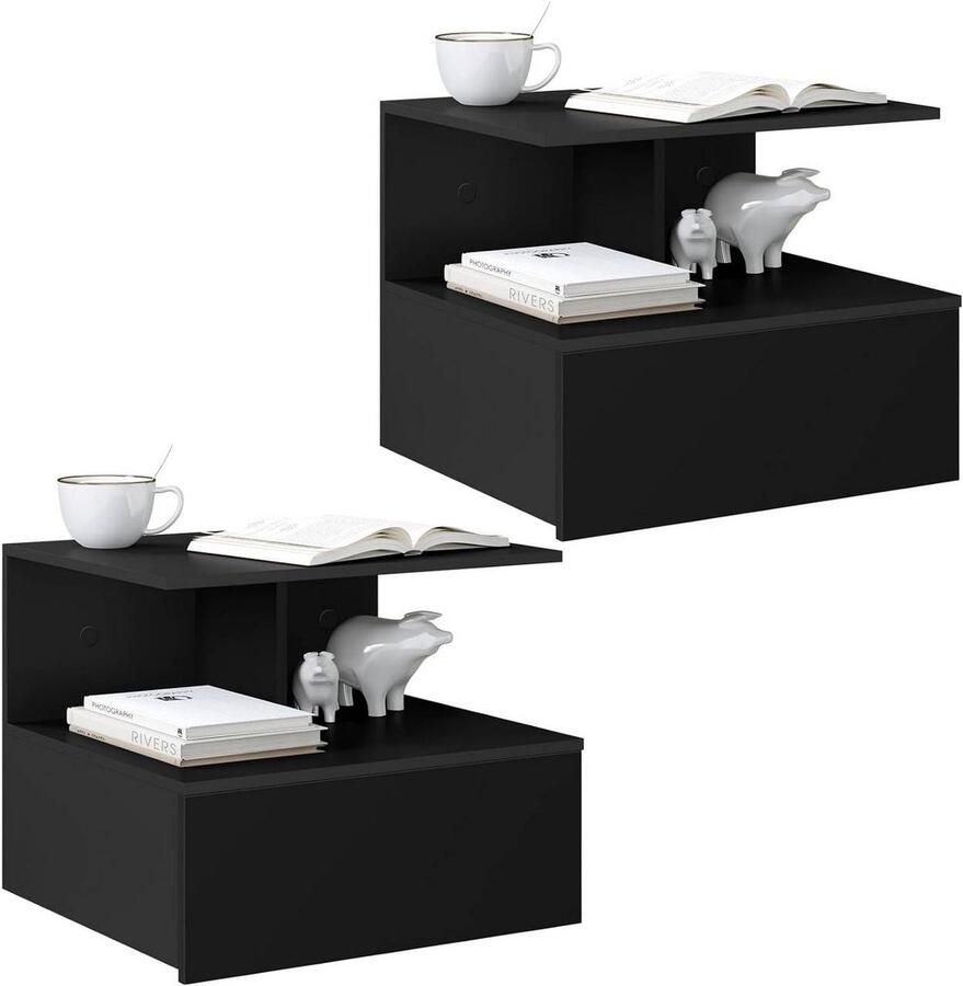 Warraich -2x hangend nachtkastje van hout met lade en open vak – zwart