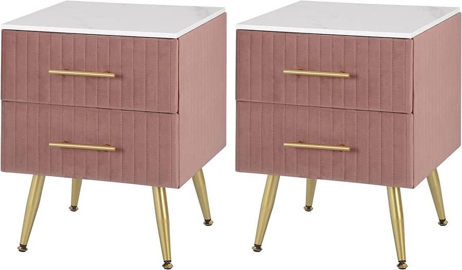 Warraich -2x nachtkastje met 2 schuifladen – MDF fluweel roze eenvoudige installatie