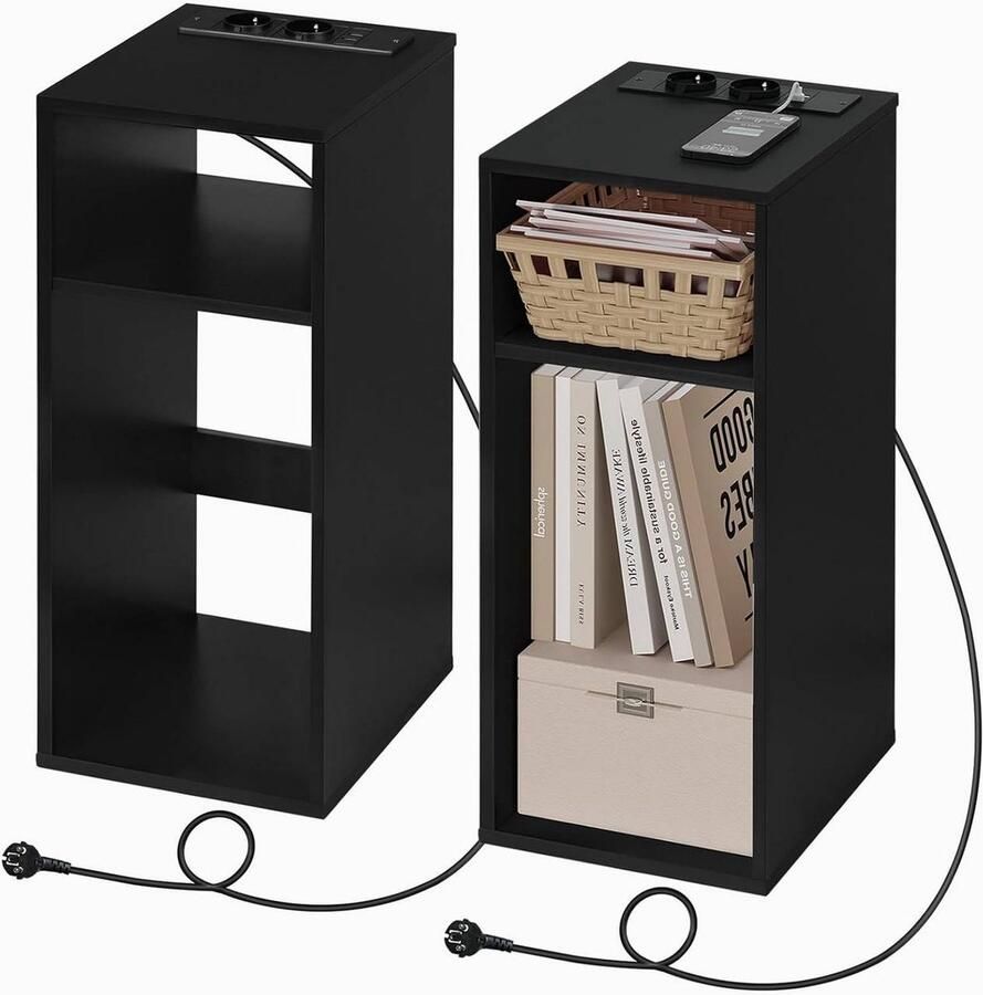 Warraich -2x nachtkastje met oplaadfunctie en opbergruimte – zwart 2 open vakken