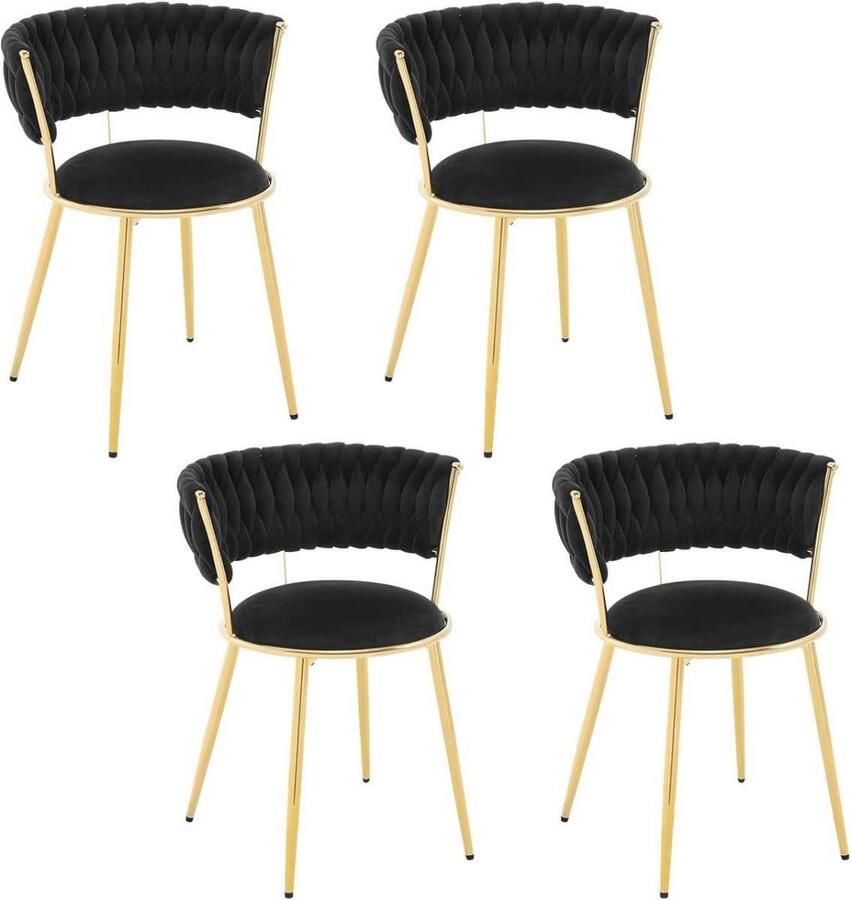 Warraich 4x Eetkamerstoelen – Zwart Fluweel met Geweven Rugleuning en Sterke Metalen Poten