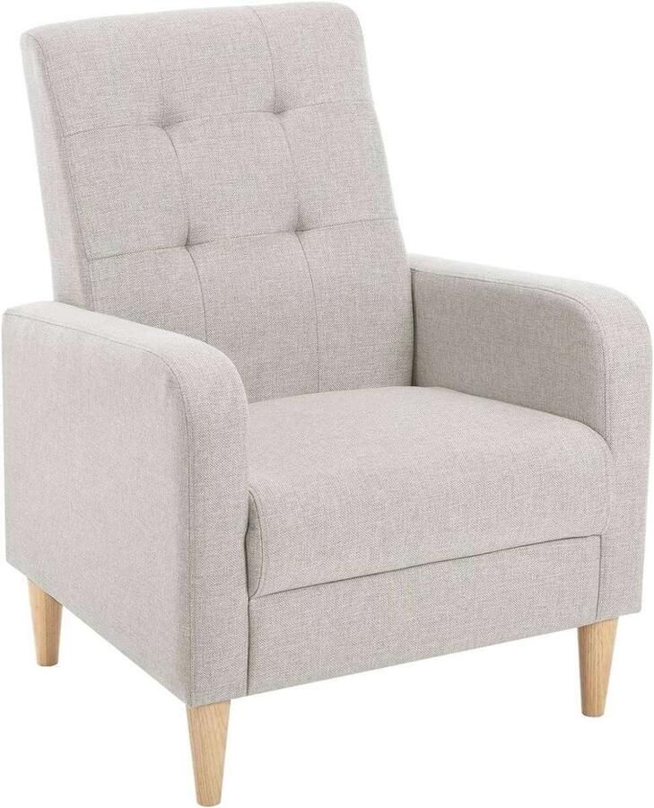 Warraich -Accent Chair: Modern Loungestoel met Massief Houten Poten en Lichtgrijze Linnen Zitting