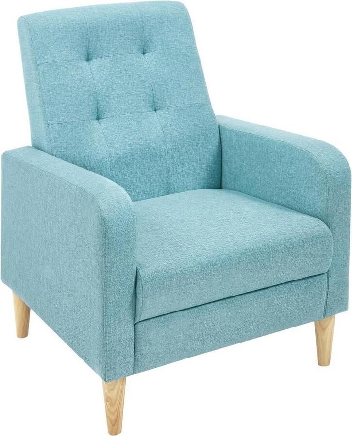 Warraich -Accent Chair: Moderne Loungestoel met Massief Houten Poten en Blauwe Linnen Zitting