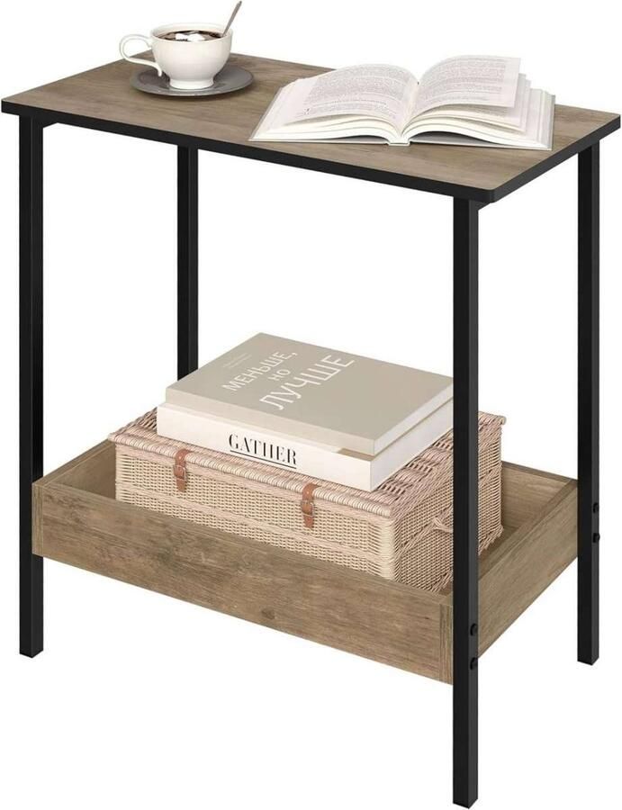 Warraich -Bijzettafel – Salontafel met 2 Planken Grijze Houtlook en Zwart Metalen Frame