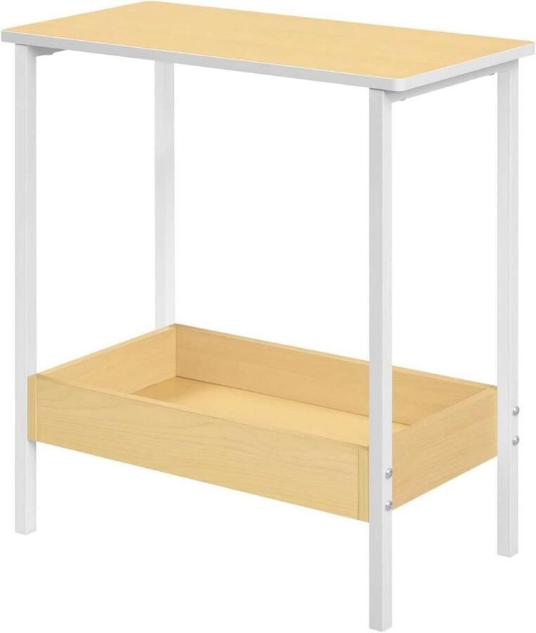 Warraich -Bijzettafel – Salontafel met 2 Planken Houtlook en Wit Metalen Frame