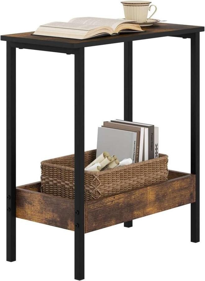 Warraich -Bijzettafel – Salontafel met 2 Planken Rustiek Bruin Bewerkt Hout en Metalen Frame