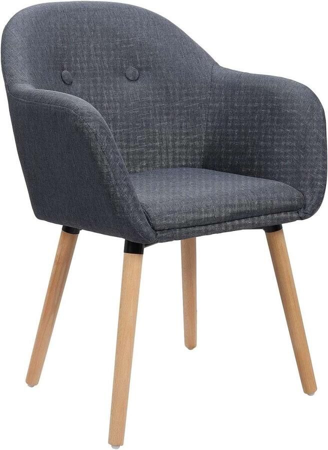 Warraich Eetkamerstoel met armleuning – Linnen bekleding & massief houten frame – Donkergrijs – 1 stuk