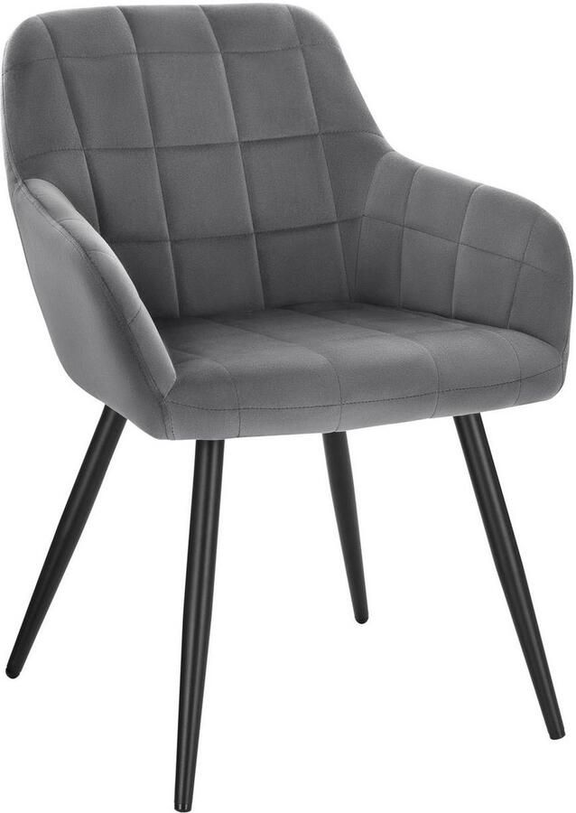 Warraich Eetkamerstoel met Armleuningen – 1 Stuk Fluwelen Zitting Metalen Poten Donkergrijs