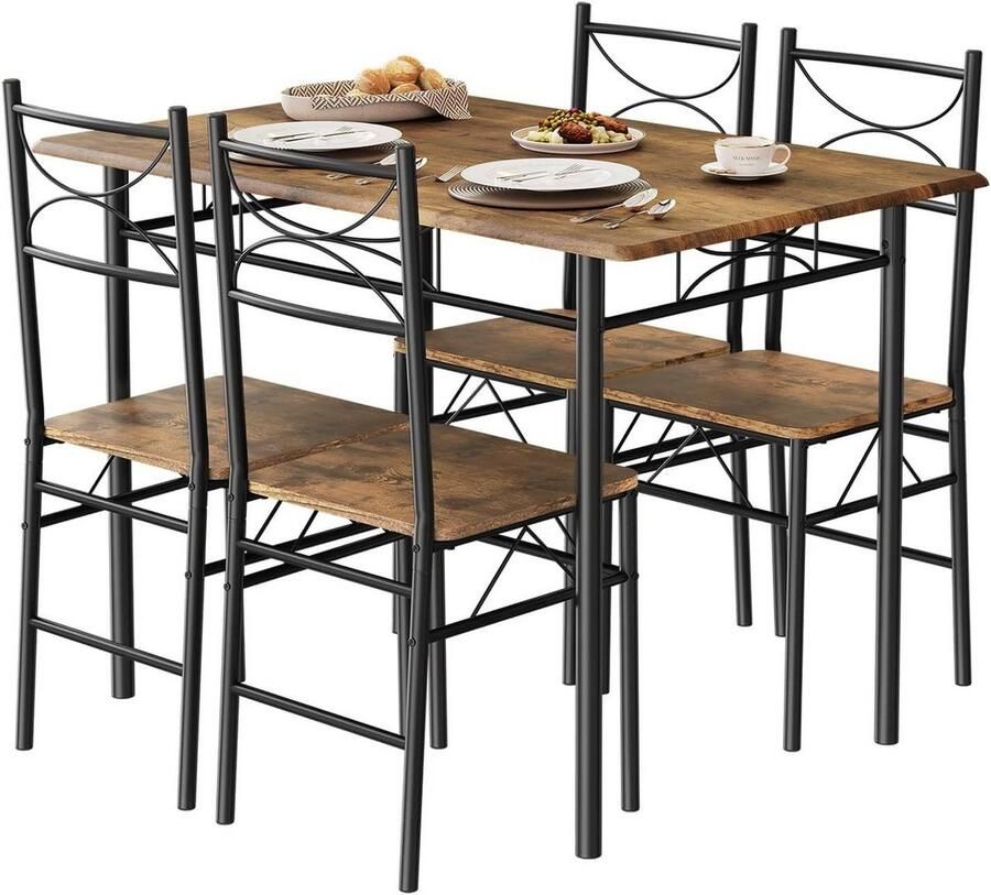 Warraich Eetset voor 4 Personen – Vintage Brown Eettafel met 4 Stoelen MDF Blad en Metalen Frame