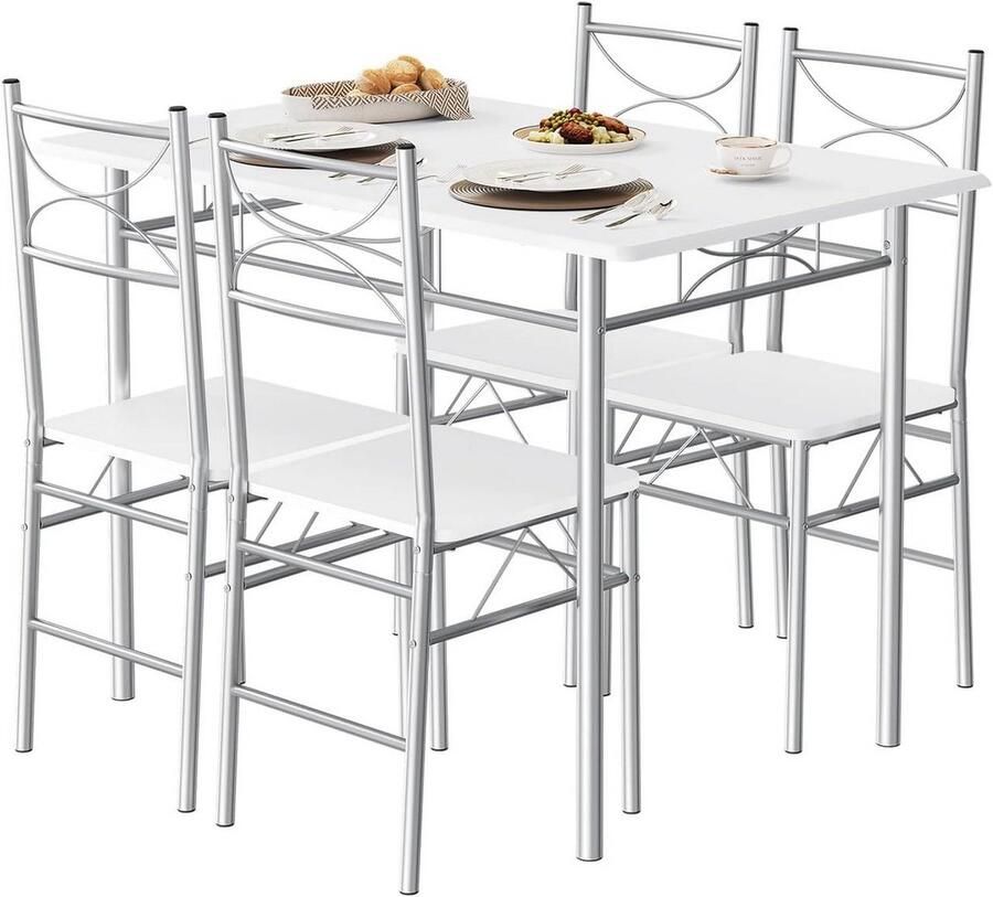 Warraich Eetset voor 4 Personen – Witte Eettafel met 4 Stoelen MDF Blad en Metalen Frame